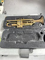 Trumpet inside open case showing full instrument and interior foam