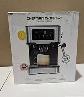 Front of retail box showing Chefman CraftBrew espresso machine image and specs