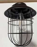 Front view of black cage lantern showing bulb