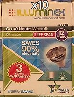 Close-up of Illuminex GU10 bulb box showing features