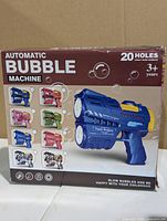 Front of product box showing blue bubble gun, 20 holes, ages 3+
