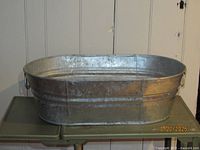 Perspective view of galvanized tub showing full body and handles