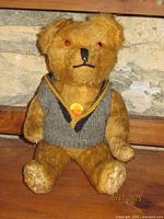 Front view of Steiff teddy bear showing vest, amber eyes, stitched features, and tag
