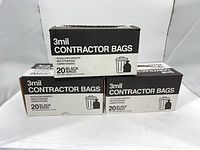 Front view of three identical boxes labeled "3mil Contractor Bags" 20 black bags per box