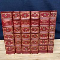 Spine view showing all six red leather volumes with gilt decoration and titles