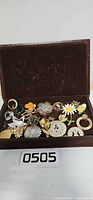 Box opened showing entire assortment of brooches