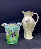 Front view of both Fenton planter and Belleek pitcher