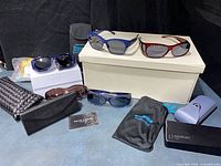Group shot of sunglasses, cases and storage bin