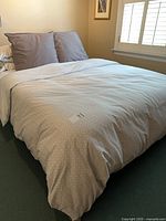 Full bed view showing duvet, pillows, mattress and boxspring