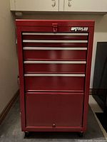 Front view of red Waterloo rolling tool cabinet