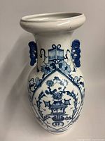 Front view of blue and white Canton style vase