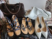 Group shot of all items: two handbags and three pairs of shoes