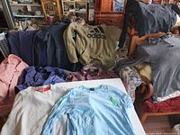 Group shot of all ten tops spread on couch and table