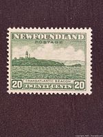 Front view of the 1932 Newfoundland 20¢ Transatlantic Beacon stamp showing full design and perforations