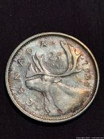 Reverse of 1953 Canadian 25-cent coin showing caribou, date, denomination and toning