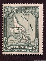 Front view showing 1 cent Newfoundland map stamp