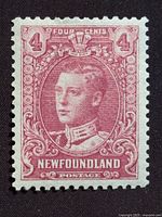 front view of 1928 Newfoundland 4-cent Lilac Rose stamp