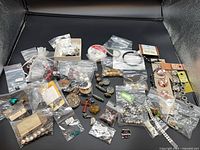 Overview of all bead and finding bags, wire spool and cards