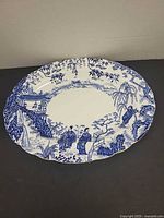 Full view of oval platter with blue chinoiserie pattern