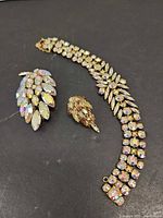 Bracelet, earring and brooch front view highlighting stones