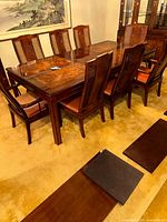 overhead view of dining table with 8 chairs in place