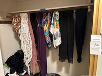 Scarves hanging on closet rod showing variety of textures and colors