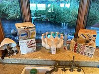 Overall lot on countertop showing boxed Cuisinart item, boxed trifle bowl, ceramic geese, mushroom lamp, pasta maker, DLC-7 disc set