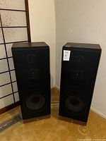 Front view of both Mitsubishi floor speakers with grilles on