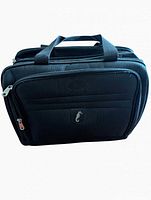 Front view of black Atlantic rolling office bag showing seahorse logo and front pocket