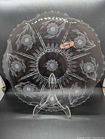 Front view of crystal Cornflower cake plate on stand