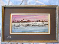 Full view of framed painting showing winter scene, mat and frame