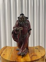 Front view of porcelain figurine showing facial features and gesture