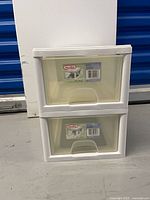 Front view of two stacked Sterilite plastic shoe drawers