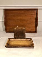 All three wooden items: teak tray, elephant cigarette holder, live edge tray