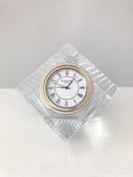 Front view of Waterford crystal desk clock showing dial