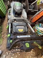 Top view of EGO 56V self-propelled lawn mower with battery installed