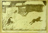 close view of woodcut showing winter scene and dogs, signature visible