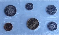 Front of sealed pouch showing six Canadian coins