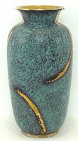 Full view of vase showing teal patina glaze and gold bands
