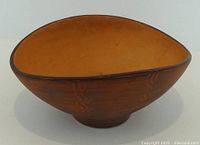 Side view showing asymmetrical rim and terracotta interior