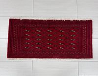 Full view of the rug showing design, color and fringe