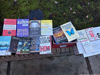 All 14 books and box laid out on ledge