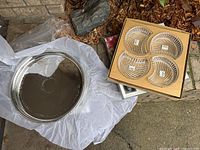 Round silver plated tray and boxed Mikasa four-part server