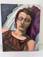 Front view of signed oil painting showing sleeping woman
