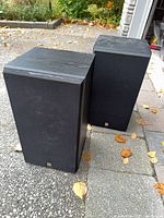 Front view of both black bookshelf speakers standing on pavement