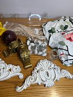 Overall view showing appliques, hardware, fabrics, shelf and jar
