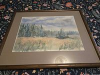 Full view of framed watercolor landscape painting