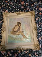 Full view of oil painting in ornate frame