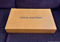 Closed Louis Vuitton saffron box showing logo