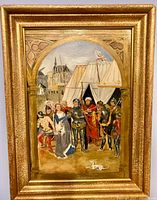 Front view of framed oil on board medieval scene painting